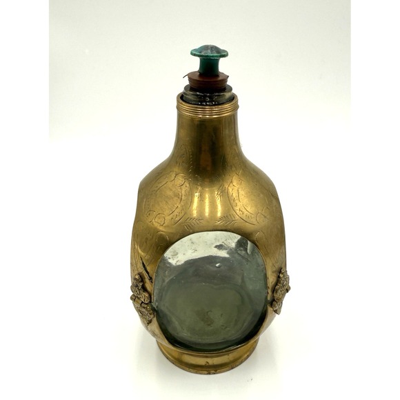 Brass‎ Encased Glass Decanter With Shot Glass Lid Non King Vintage - Picture 3 of 11